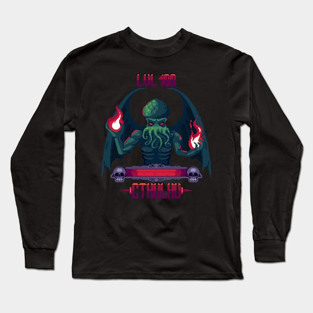 Pixelated Peril: Confronting the Retro Game's Cthulhu Boss Long Sleeve T-Shirt by Holymayo Tee